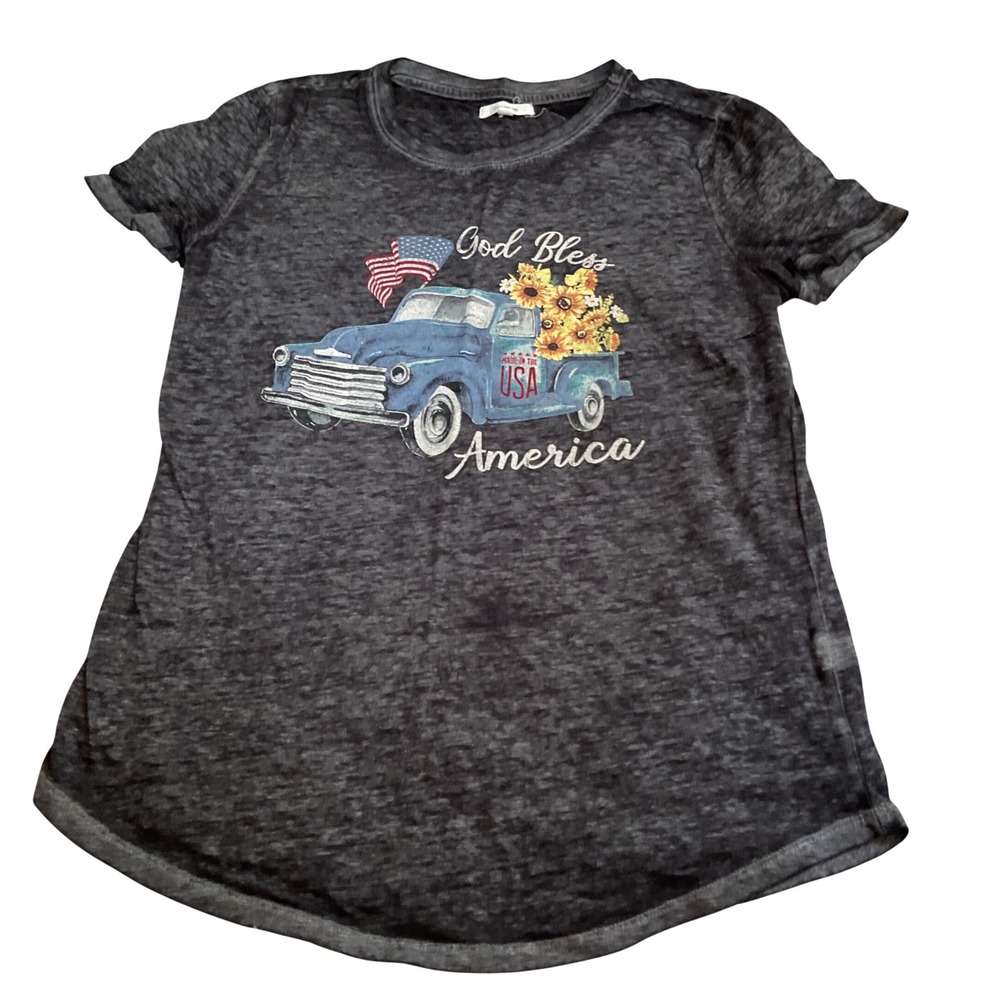 Maurices‎ God Bless America Graphic Tee XS Charcoal Burnout Patriotic Truck Top